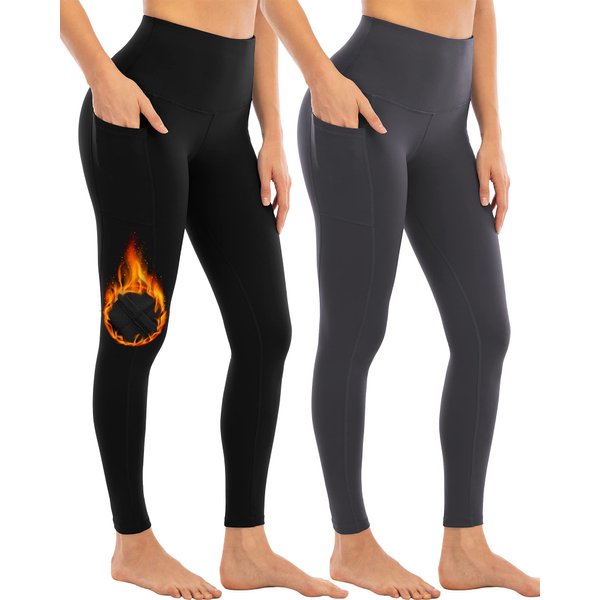 YEZII Fleece Lined Leggings with Pockets for Women,High Waisted Winter Yoga Pants BlackDark Gray-L