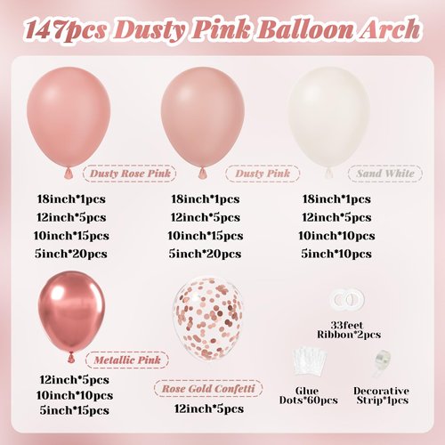 147pcs Boho Dusty Pink Balloon Garland Arch Kit, Dusty Rose Blush Pink Sand White Balloons for Wedding Bridal Birthday Girl Boho Baby Shower Party Decorations