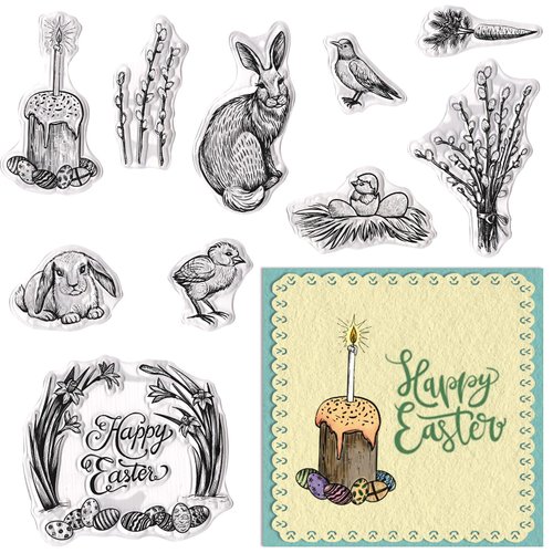 Hying Easter Bunny Clear Stamps for Card Making, Easter Eggs Chick Rubber Stamps Flowers Carrots Transparent Stamp Seal for Crafting DIY Scrapbooking Photo Album Decorations
