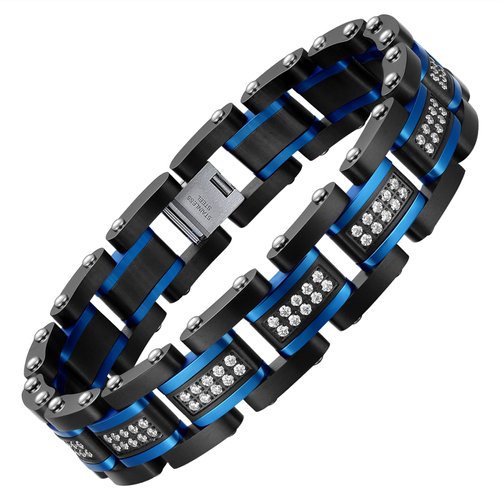 Holizaly Men's Stainless Steel Two Tone Square Link Bracelet, Black and Blue Ion Plated Black (blue-black 16)