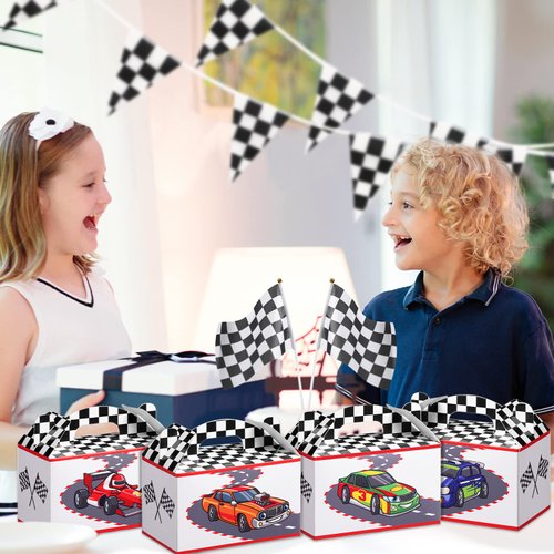 24 Packs Racing Flag Treat Boxes Cars Party Gift Box Black and White Checkered Racing Goodie Candy Boxes with Handles for Car Themed Birthday Party Decorations Supplies Favors