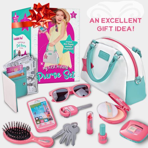 Play Purse for Girls and Toddlers - Little Girls Toys Pretend Play Accessories: Toy Phone, Wallet, Credit Cards, Keys, Pretend Makeup for Role Playing Toys for Girls Ages 3 4 5 6 7 8 Years and Up