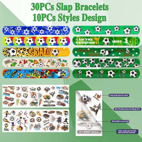 Moncinday 40Pcs Soccer Slap Bracelets Party Favors with Soccer Tattoo Birthday Gifts Soccer Party Decorations Snap Band for Kids Boys