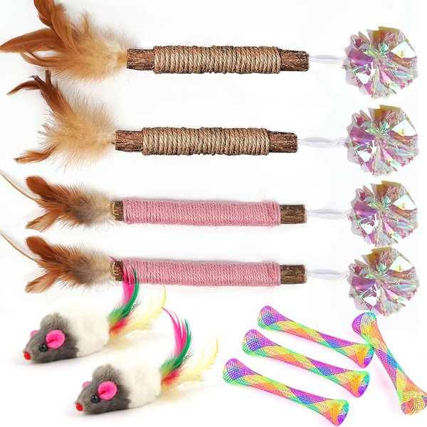 URMYONLY Catnip Chew Toys for Cats, Matatabi Silvervine Sticks, Mouse Cat Toy, Cat Crinkle Balls, Cat Springs for Indoor Cats, Interactive Toys for Cats and Kittens 10PCS