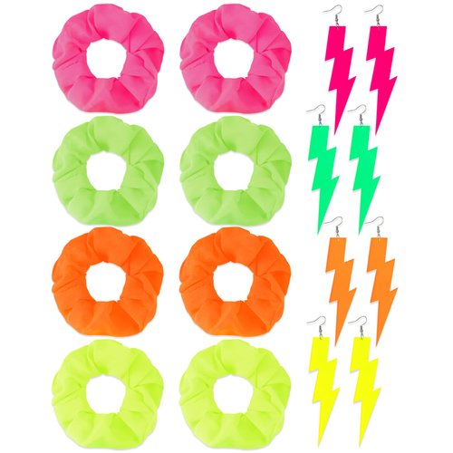 Yunlly 8 Pack Neon Hair Scrunchies, 4 Pairs Dangle Earrings for Women's Party Outfits (Lightning Style)