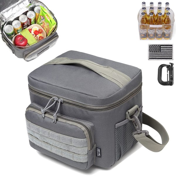 DBTAC Tactical Lunch Bag for Men Women, 12 Cans Insulated Lunch Box for Adult | 9L Leakproof Lunch Cooler Tote for Work Office Outdoor Travel | Soft Easy To Clean Liner x2, Grey