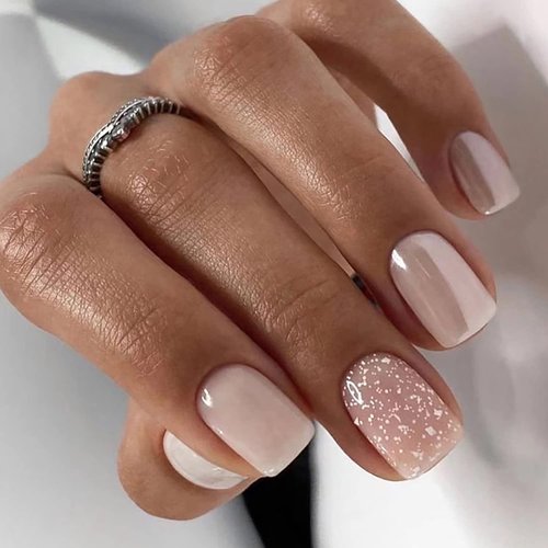 24Pcs Nude Pink Press on Nails Short Square Fake Nails White Glitter Glossy Designs Nail Art Supplies Full Cover Artificial Coffin False Nails Glue on Nails for Women Acrylic Manicure Decorations
