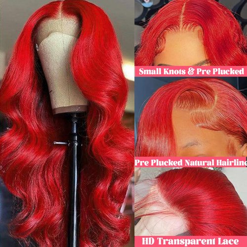 Red Lace Front Wigs Human Hair Pre Plucked Hot Red Wig Human Hair 13x4 HD Transparent Body Wave Lace Front Wigs Human Hair Colored 180% Density Red HD Lace Front Wigs Human Hair Red Frontal Wigs