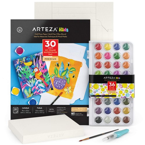 Arteza Kids Watercolor Painting Art Set, Watercolor Paint 36 and Foldable Canvas Paper Bundle, DIY Painting Kit, Art Supplies for Kids and Adults