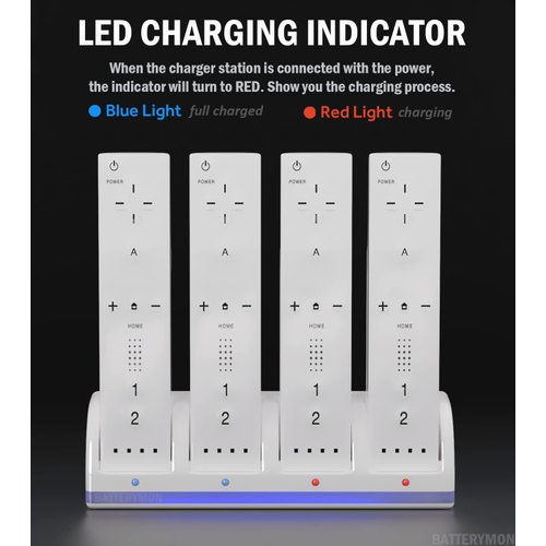 Battery Charger Set for Wii Wiiu Remote Controller, 4Pack Rechargeable Wii Battery Replacements + Wii Remote Charger Station Dock with 4 Charging Ports + USB Cord (NOT Include Controller)