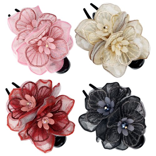 Lawie 4 Pack Mesh Embroidery Flower Duckbill Plastic Hair Clips Claw Barrettes Hairgrips Bun Twist Hairclips Ponytail Hair Holder Accessories Hair Flower for Women Girls