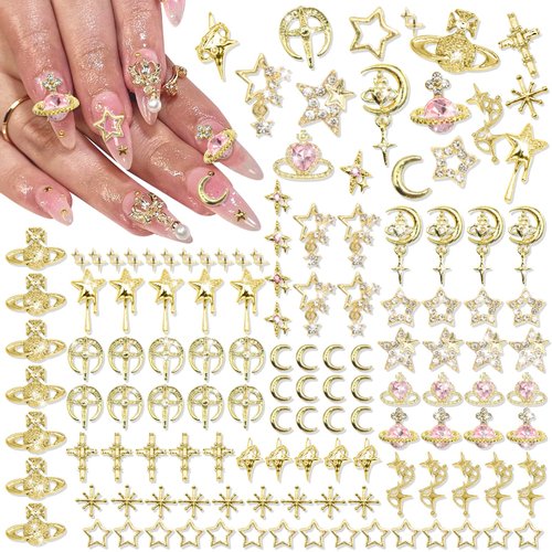 RODAKY 128PCS Gold 3D Star Cross Nail Charms Pink Saturn Planet Nail Art Charms with Crystal Rhinestone Nail Art Decoration Y2K Nail Gems Jewels Accessories for Nail Art Supplies Manicure Craft DIY