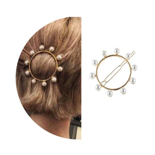 Zeshimb Boho Pearl Circle Hair Clip Barrette Gold Pearl Hair Clip Barrette Geometric Round Hair Pins Barrette Vintage Circle Decorative Clip Hair Accessories for Women Girls