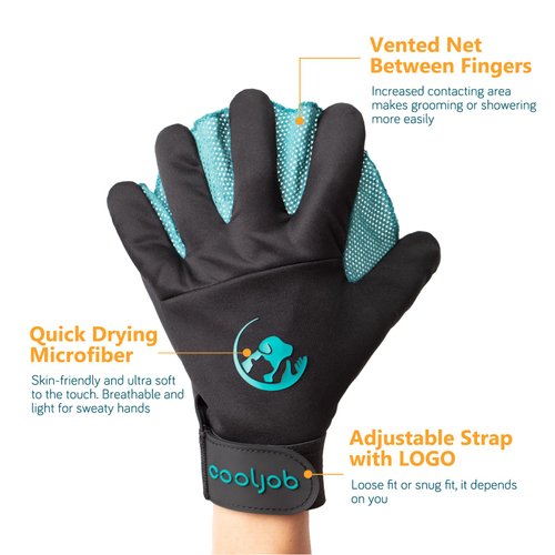 COOLJOB Patented Pet Grooming Gloves, Pet Shampoo Bathing Brush for Men, Gentle Deshedding Brush Glove, Hair Removal Mitt for Cat, Dog, Horse, Rabbit, 384 Rubber Tips，Black & Blue, One Pair, Medium