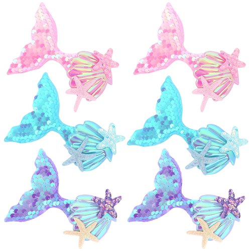 YARIEW 6 Pcs Mermaid Hair Clips for Girls Seashell Hair Clips Sparkly Sequins Fish Tail Starfish Mermaid Hair Accessories Glitter Hair Barrettes for Little Girls Mermaid Birthday Decorations (Set 3)