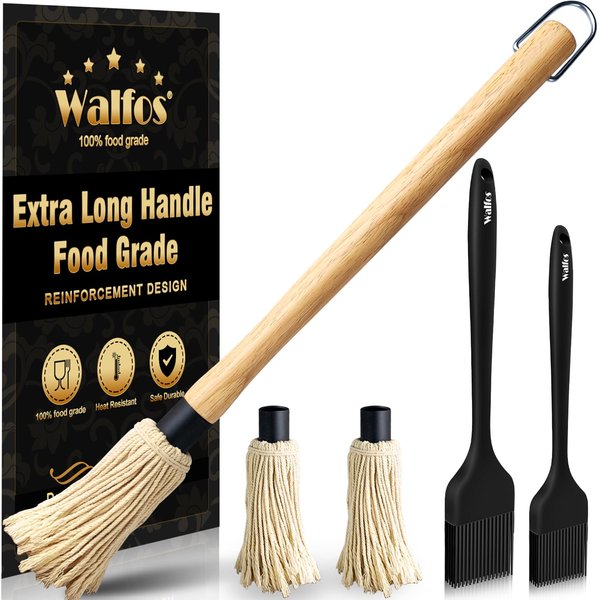 Walfos Basting Brush Silicone and BBQ Mop, Grill Basting Mop with 3 Heads and 2Pcs Pastry Brushes, Wooden Long Handle, Heat Resistant for Grilling, Smoking Steak, Kitchen Cooking (18"）