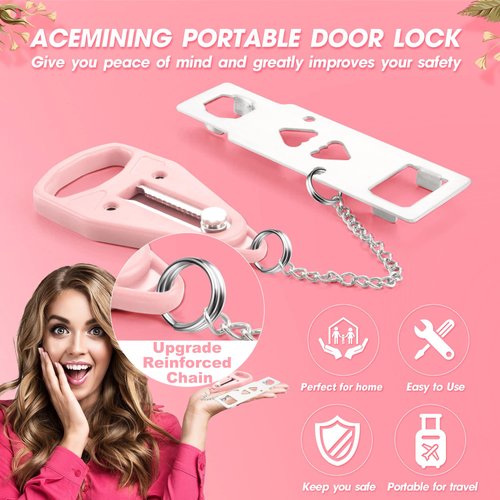 AceMining Portable Door Lock Home Security Door Locker Travel Lockdown Locks for Additional Safety and Privacy Perfect for Traveling Hotel Home Apartment College-Pink(1 Pack)