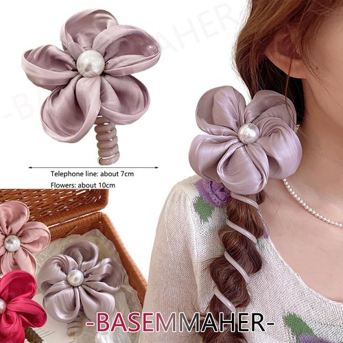 BASEMMAHER Colorful Pearl Flower Braided Telephone Wire Hair Bands Spiral Hair Ties Phone Cord Ponytail Holder Braids Fixed Hair Rope Hair Bands Accessories for Women Girls Daily Party Headdress 3Pcs