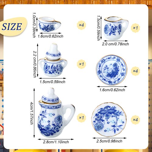 60 Pieces 1:12 Scale Miniatures Dollhouse Porcelain Tea Cup Set, Flower Pattern, Blue Porcelain, Plum Blossom, Red Rose Teapot Cup Set Porcelain Accessories (Elegant Porcelain Series)