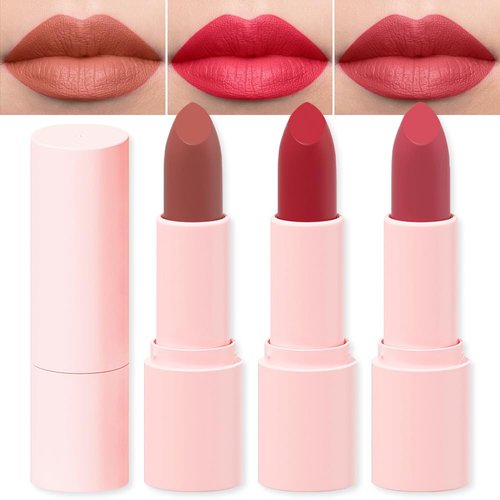 BINGBRUSH 3 Colors Matte Red Lipstick Pack Set,Long Lasting 24 Hour Waterproof Velvet Nonstick Cup Lipgloss Lip Stain Pigmented Lip Makeup Gift Sets (04#&08#&09#)