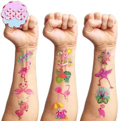 96 PCS Flamingo Temporary Tattoos Sticker Hawaiian Summer Tropical Luau Birthday Party Decorations Supplies Favors Gifts Girls Boys Baby Showers Prizes Cute Tattoo School Reward Themed