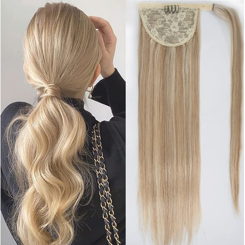 Tinashe Ponytail Extension Human Hair 100% Remy Human Hair Wrap Around Ponytail Hair Extension Long Straight Clip in Ponytail Hair Piece with Magic Paste For Women Highlight #16/613 (#16/613, 20inch)