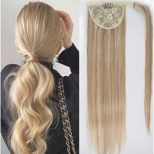 Tinashe Ponytail Extension Human Hair 100% Remy Human Hair Wrap Around Ponytail Hair Extension Long Straight Clip in Ponytail Hair Piece with Magic Paste For Women Highlight #16/613 (#16/613, 20inch)