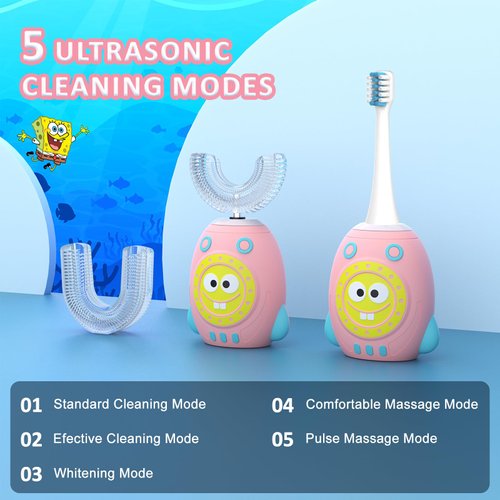FTOYIN Kids U Shaped Electric Toothbrush, Kids Electric Toothbrushes with 5 Modes, Sonic Toothbrush Kids IPX7 Waterpoof with 3 Brush Heads, 360° Automatic Toothbrush Kids for Age 2-12