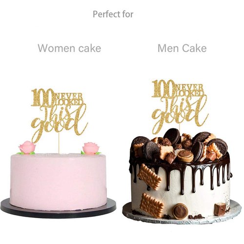 Gold Glitter 100 Never Looked This Good Cake Topper, Women Gold Happy 100th Birthday Cake Topper, Birthday Party Decorations, Supplies