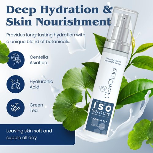 Clear Choice ISO Moisture – Hydrating Face Moisturizer with Green Tea, Centella Asiatica & Hyaluronic Acid, Anti-Aging, All-Day Hydration, Lightweight, Non-Greasy Formula for All Skin Types, 1.7 oz