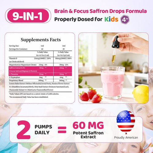 Liposomal Kids Saffron Drops – Organic Saffron Extract Liquid with Holy Basil, Passion, L-Theanine for Focus, Energy Support, Well-Being, Easy to Take Saffron Supplements for Kids, Vegan, 2 FL OZ