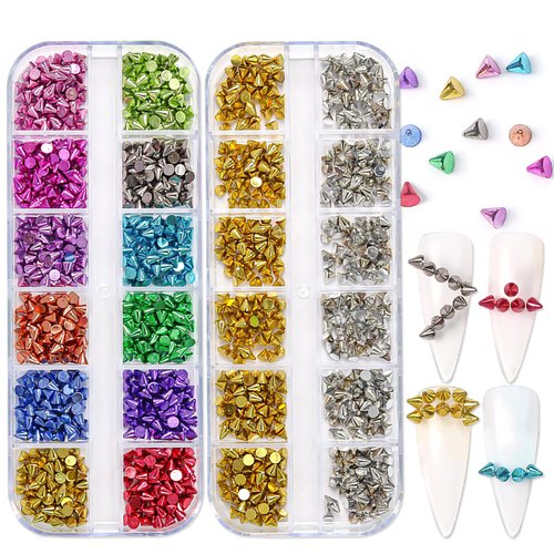 DANNEASY 2 Boxes/24 Grid Punk Nail Charm Mix-color Metal Rivet Cone Spikes Nail Charms for Acrylic Nails Cone Nail Art Studs Alloy Spike Studs Nail Jewels Nail Rivets Nail Art Decoration
