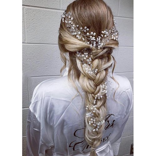 Teyglen Bride Crystal Pearls Long Hair Vine Gold Rhinestone Beads Handmade Bridal Headpiece Hair Accessories for Women Girls (Gold)