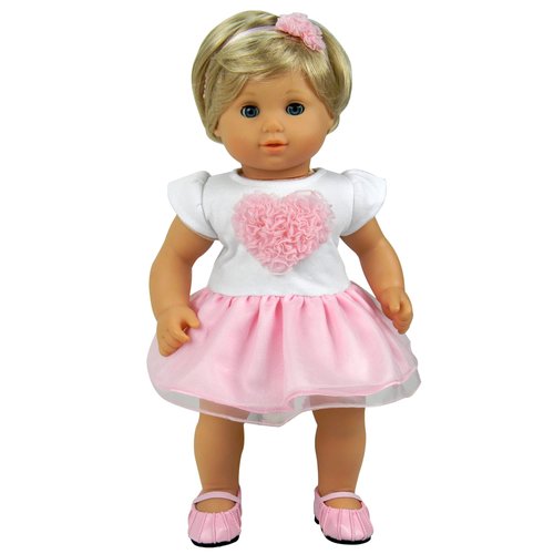 Sophia's Heart Dress with Attached Tulle Skirt and Headband Outfit for 15'' Dolls, White/Pink