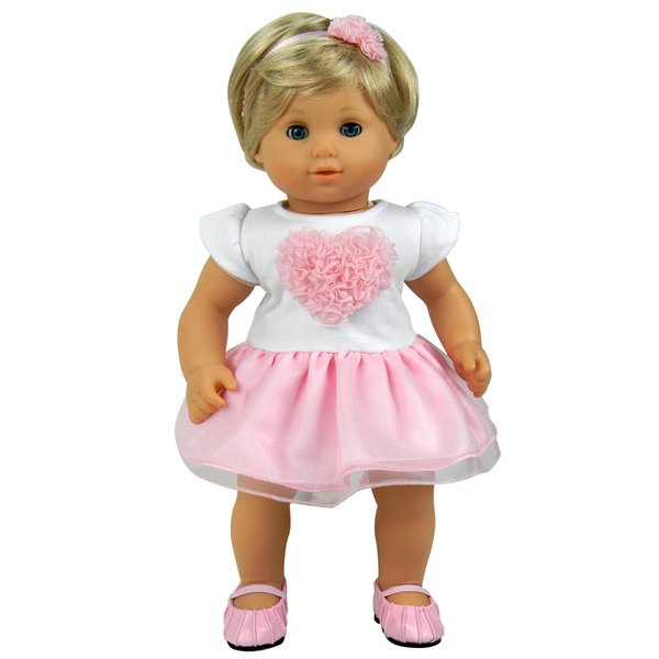 Sophia's Heart Dress with Attached Tulle Skirt and Headband Outfit for 15'' Dolls, White/Pink
