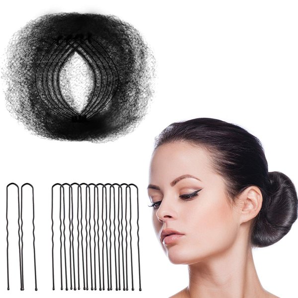Black Hair Nets, 100Pcs - 22Inch Hair Bun Nets with 50Pcs U Shaped Hair Pins, Dance Balllet Bun Hair Net Set Elastic Edges Mesh Hairnets Invisible Ballet Hair Net for Girls Women