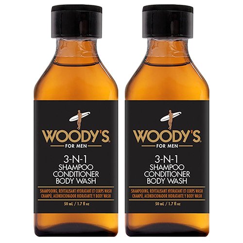 Woody's 3-in-1 Shampoo, Conditioner, Body Wash, Multipurpose Wash for Men, for all Hair and Skin Types, Mini-Size, 1.7 Ounce