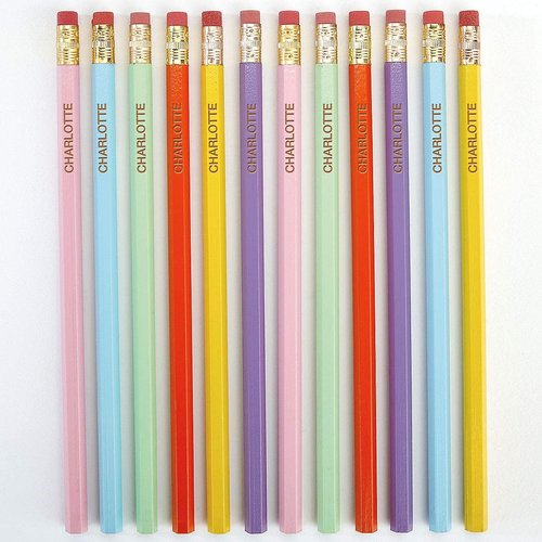 Lillian Vernon Personalized Pastel Pencils - Set of 12, Engraved Name, Hardwood #2 School Pencils, Kid's Gift