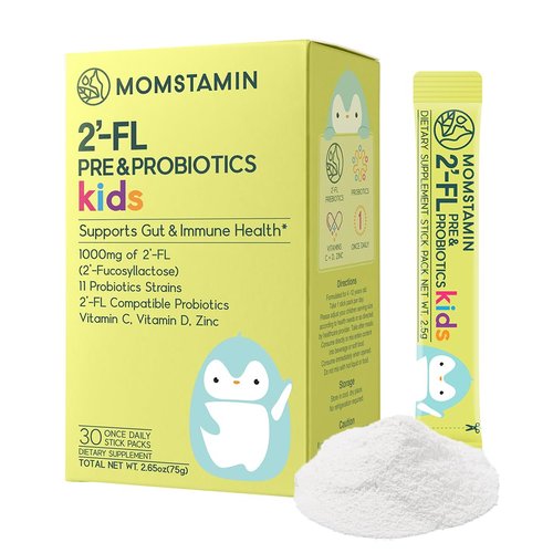 MOMSTAMIN 2'-FL Pre & Probiotics for Kids(4+) : Gut Health | Immune Support | Digestive Supplement Enhance Cognitive Ability & Sleep Quality Vitamin C, D Zinc/Yogurt Flavored 30 Sticks - Daily