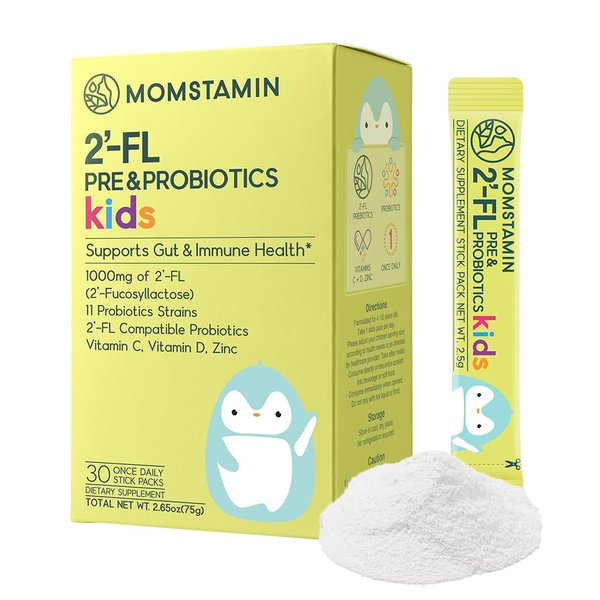 MOMSTAMIN 2'-FL Pre & Probiotics for Kids(4+) : Gut Health | Immune Support | Digestive Supplement Enhance Cognitive Ability & Sleep Quality Vitamin C, D Zinc/Yogurt Flavored 30 Sticks - Daily