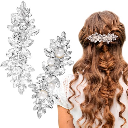 CustomyLife 2Pcs Rhinestone Pearl Hair Clips Silver Crystal Wedding Hair Barrettes Sparkly Flower...