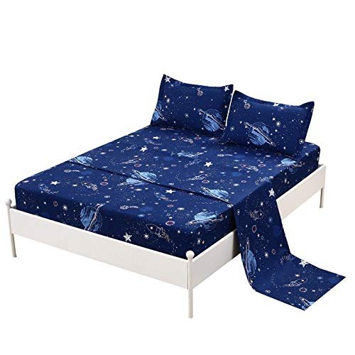 MAG 4 Pcs Bedding Set Space Sheets Galaxy Sheets Planets Stars Rockets Queen Sheet Set for Kids Teens and Space-Lovers, Super Soft Microfiber, Queen Size