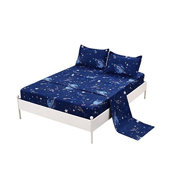 MAG 4 Pcs Bedding Set Space Sheets Galaxy Sheets Planets Stars Rockets Queen Sheet Set for Kids Teens and Space-Lovers, Super Soft Microfiber, Queen Size