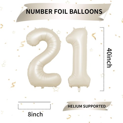 Biapian 40 Inch Cream Number 21 Balloon, 21st Birthday Balloons, Big Digital 21 or 12 Beige White Giant 21 Foil Balloon Helium for 12th 21st Birthday Decorations Anniversary Baby Shower Party Supplies