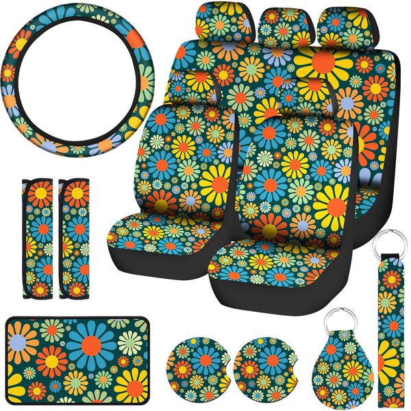 17 Pcs Hippie Flower Car Seat Cover Set Universal Car Accessories Colorful Art Floral Seat Cover Steering Wheel Cover Car Armrest Cover Cup Holder Mat Keyring Shoulder Pad Wrist Strap for Women Men