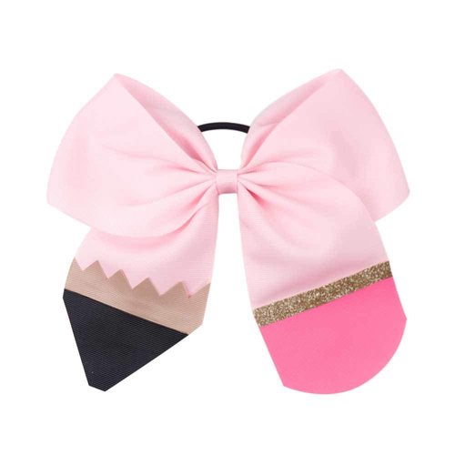 School Bow Cheer Bow Clip, Back to School Hair Bow Ponytail Holder, Pencil Girls Hair Clips ZFJ26 (Pink Set)