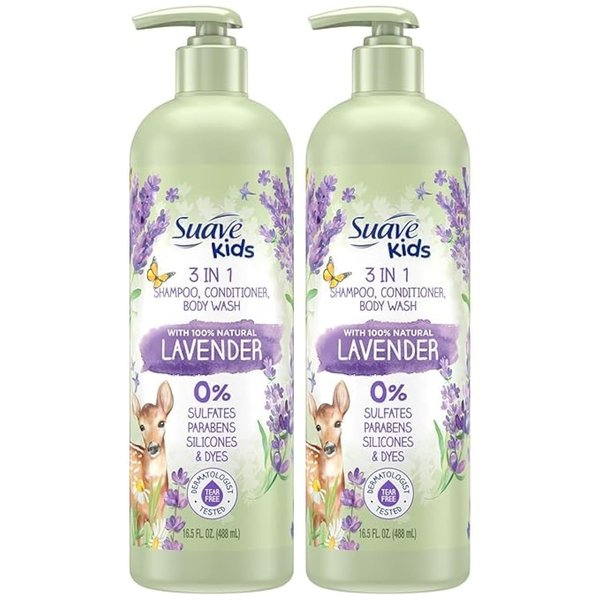 Suave Kids 3-in-1 Shampoo with 100% Natural Lavender - Tear-Free Kids Shampoo and Conditioner, Body Wash for Kids, 16.6 Fl Oz