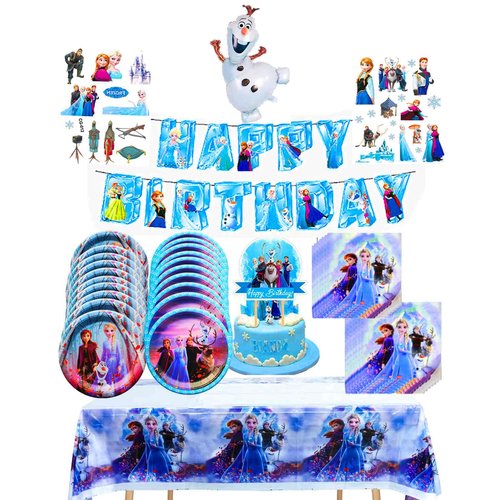 Frozen Birthday Party Supplies Set ，Frozen Party Decorations ，Frozen Party Supplies | Set includes Banner, Tablecloth, Cake Plates,follow balloons， Napkins, tattoo stickers, Serves 20Guests