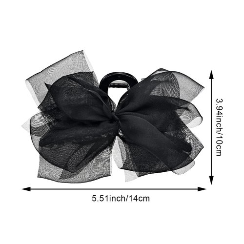 Arvintas 2 PACK Black Chiffon Bowknot Hair Clips, Mesh Tulle Bow Hair Claw Clips with Rhinestones, Big Claw Clips for Thick Hair Ponytail Hair Accessories for Women