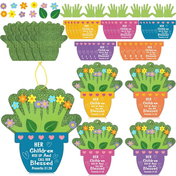 Chivertion 20 Sets Religious Mother's Day Flower Pot Handprint Craft Kit for Kids Classroom with Satin Cording and DIY Craft Gift for Mother's Day Sunday School Activity